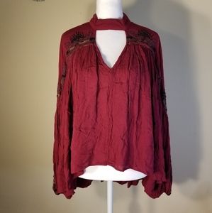 Free People Wine Colored Beaded Embroidered Cloud Cut Out Keyhole Peasant Blouse